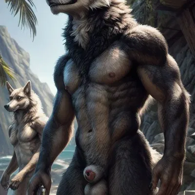 animal genitalia, anthro, balls, beach
