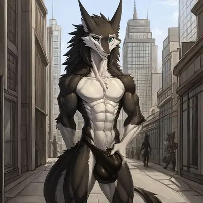 anthro, black body, black fur, bulge