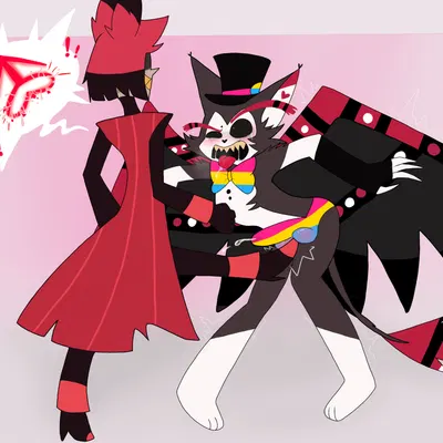 alastor (hazbin hotel), husk (hazbin hotel) (hazbin hotel, hellaverse) created by goddesskusiwolf