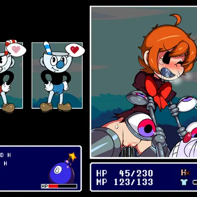 cuphead (character), mugman, peacock (skullgirls) (cuphead (game), skullgirls) created by captainkirb