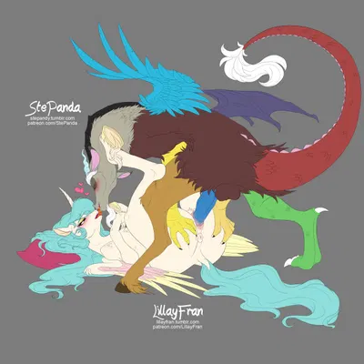 discord (mlp), princess celestia (mlp) (friendship is magic, hasbro) created by lillayfran, stepanda