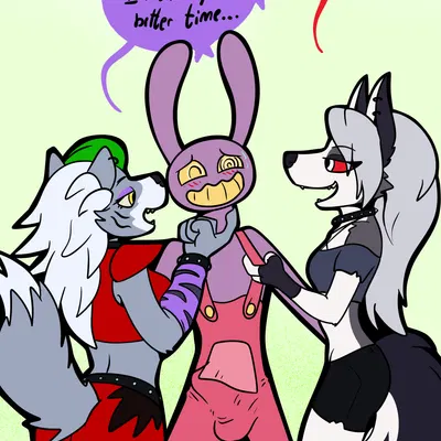 jax (tadc), loona (helluva boss), roxanne wolf (five nights at freddy's, five nights at freddy's: security breach) created by nx-42