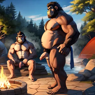 anthro, balls, campfire, duo