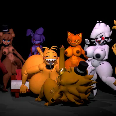 bonfie (cryptiacurves), chica (fnaf), chiku (cryptiacurves) (five nights at freddy's, five nights at freddy's 2) created by nabito dan