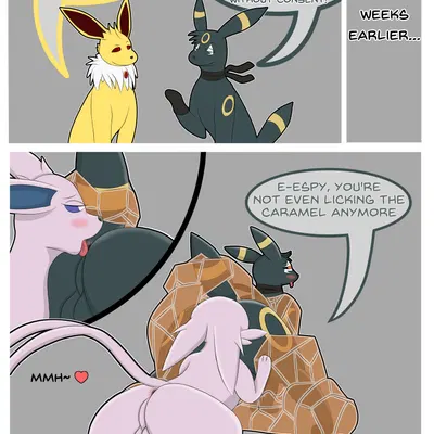 espeon (dogs in love), jolteon (dogs in love), umbreon (dogs in love) (dogs in love (jelloapocalypse), nintendo) created by onesaucydragon