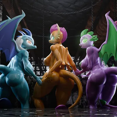 princess ember (mlp), smolder (mlp), spike (mlp) (friendship is magic, hasbro) created by deadair3d