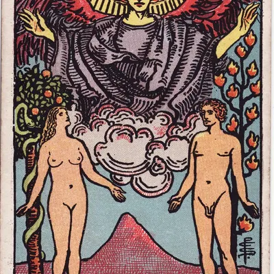 adam (biblical figure), eve (biblical figure), serpent (book of genesis) (bible) created by pamela colman smith