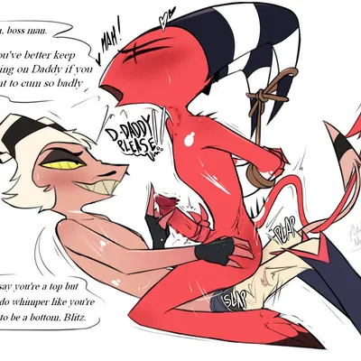 blitzo (helluva boss), striker (helluva boss) (hellaverse, helluva boss) created by potatonebula