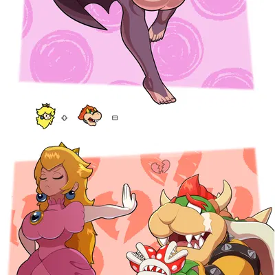 bowser, hy, princess peach (bowsette meme, mario bros) created by tohilewd