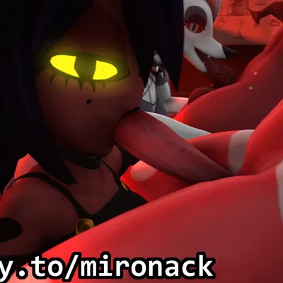 blitzo (helluva boss), loona (helluva boss), millie (helluva boss) (hellaverse, helluva boss) created by mironack