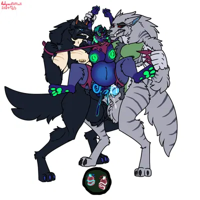deathfang, minzi (redgreenfluffball), zach snowfox (mythology) created by redgreenfluffball