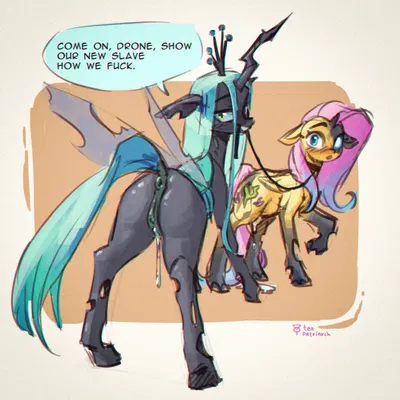 fluttershy (mlp), queen chrysalis (mlp) (friendship is magic, hasbro) created by tea patriarch