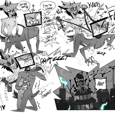 alastor (hazbin hotel), vox (hazbin hotel) (hazbin hotel, hellaverse) created by pinksartdump