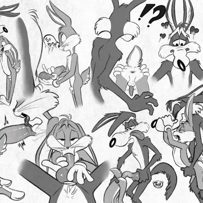 bugs bunny, wile e. coyote (looney tunes, warner brothers) created by tush (artist)