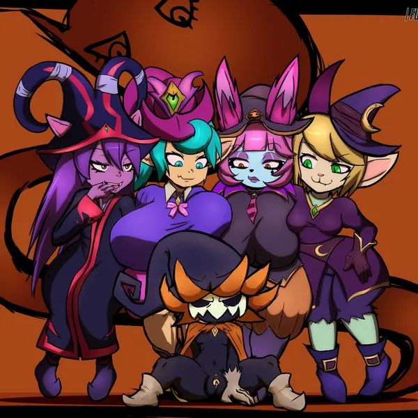 lulu (lol), poppy (lol), tristana (lol) (halloween, league of legends) created by fuzymuze