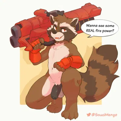 rocket raccoon (guardians of the galaxy, marvel) created by saucimango