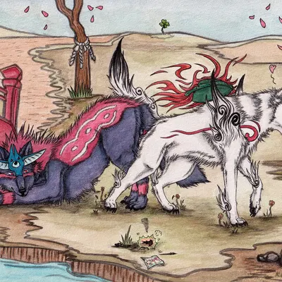 amaterasu (okami), issun (okami), oki (okami) (capcom, okami (capcom)) created by kola (artist)