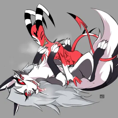 blitzo (helluva boss), feral loona (helluva boss), loona (helluva boss) (hellaverse, helluva boss) created by spec almond