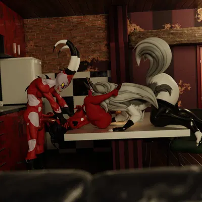 blitzo (helluva boss), loona (helluva boss), millie (helluva boss) (hellaverse, helluva boss) created by flamingfirered1