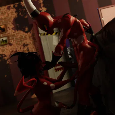 blitzo (helluva boss), millie (helluva boss) (hellaverse, helluva boss) created by flamingfirered1