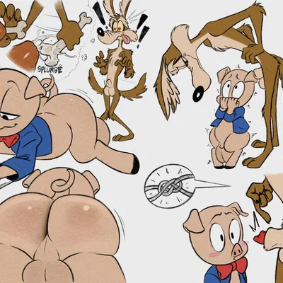 porky pig, wile e. coyote (looney tunes, warner brothers) created by tush (artist)