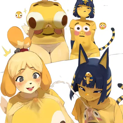 ankha (animal crossing), isabelle (animal crossing) (animal crossing, bulging smiley shirt meme) created by smewed