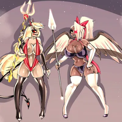 charlie morningstar, vaggie (hazbin hotel) (hazbin hotel, hellaverse) created by bitterrbunz