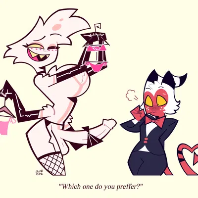 angel dust, moxxie (helluva boss) (hazbin hotel, hellaverse) created by goodbyellow