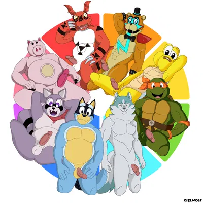 bandit heeler, glamrock freddy, hamm (toy story) (bandai namco, bluey (series)) created by ciel-wolf