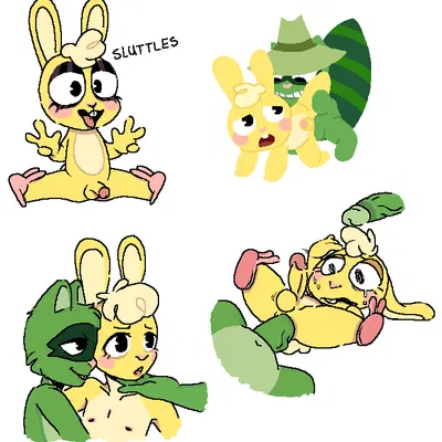 cuddles (htf), lifty (htf), shifty (htf) (happy tree friends) created by myra (artist)