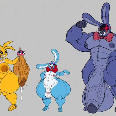 cupcake (fnaf), toy bonnie (fnaf), toy chica (fnaf) (five nights at freddy's, five nights at freddy's 2) created by feitadenectar