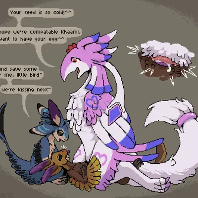 dragoina the lovebird, khaami (mustard), taluki (vixie) created by mustard (welcometothevoid)