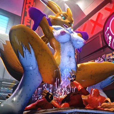 mathew kelly, renamon (kespr) (bandai namco, digimon) created by ai assisted, ai generated background