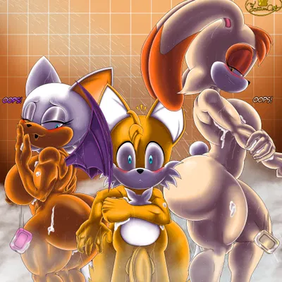miles prower, rouge the bat, vanilla the rabbit (don't drop the soap, sega) created by foxium