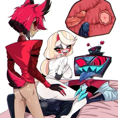 alastor (hazbin hotel), charlie morningstar, vox (hazbin hotel) (hazbin hotel, hellaverse) created by nyochandesuyo