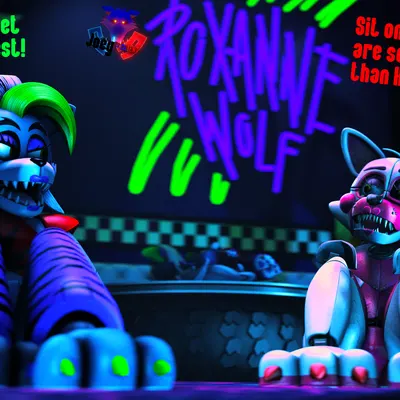 funtime foxy (fnaf), roxanne wolf (five nights at freddy's, five nights at freddy's: security breach) created by rookieanimator210