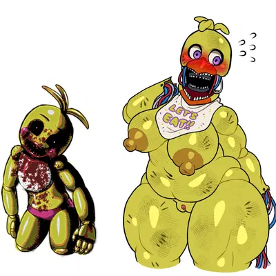 toy chica (fnaf), withered chica (fnaf) (five nights at freddy's, five nights at freddy's 2) created by voideyedpanda
