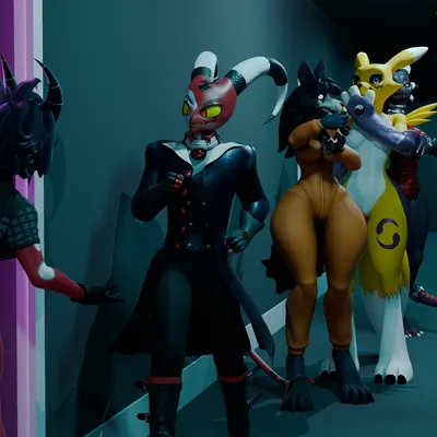 blitzo (helluva boss), cynder, millie (helluva boss) (activision, american mythology) created by strikefrommidnight