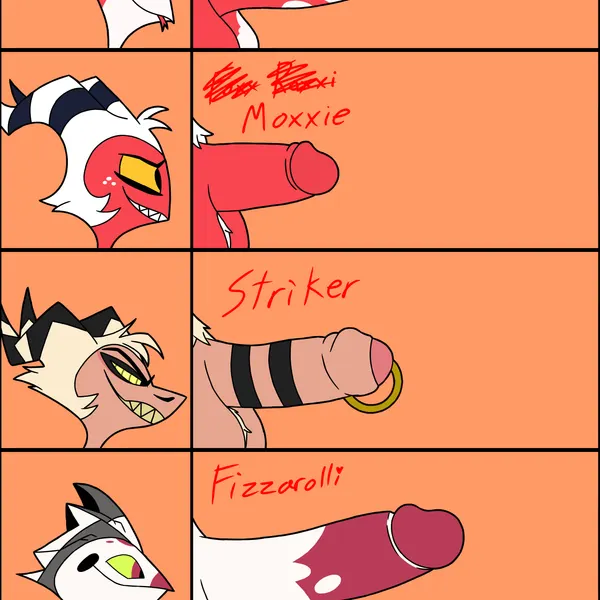 blitzo (helluva boss), crimson (helluva boss), fizzarolli (helluva boss) (hellaverse, helluva boss)