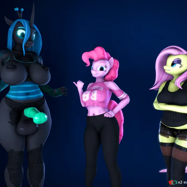 fluttershy (mlp), pinkie pie (mlp), queen chrysalis (mlp) (friendship is magic, hasbro) created by cryowolf9