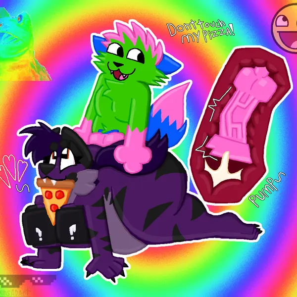 kevin (nyanwolf), obsidian (obsidianyeen) (don't touch my pizza (meme), nyanwolf) created by zoyeensadart