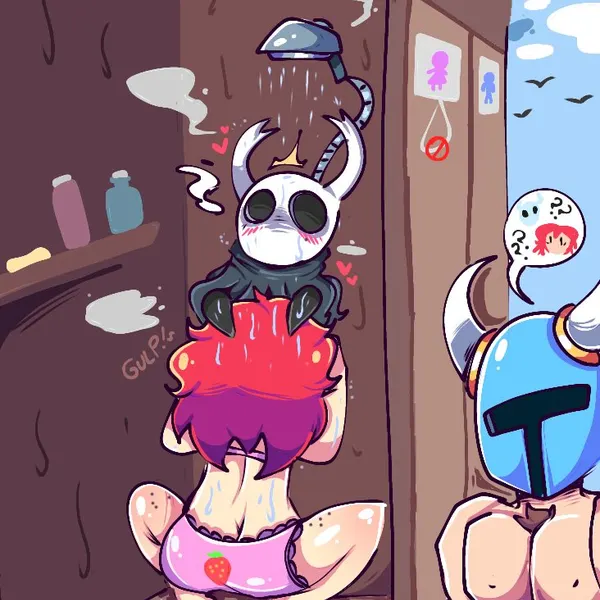 madeline (celeste), shovel knight (character), the knight (hollow knight) (celeste (game), hollow knight (franchise)) created by yunn