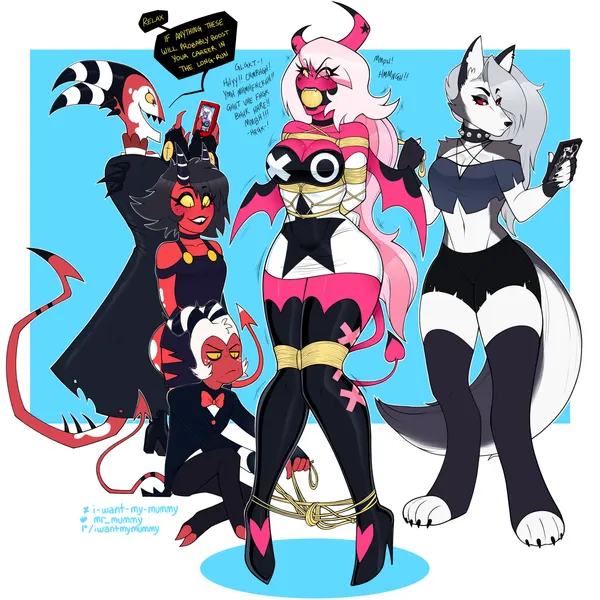 blitzo (helluva boss), loona (helluva boss), millie (helluva boss) (hellaverse, helluva boss) created by i want my mummy