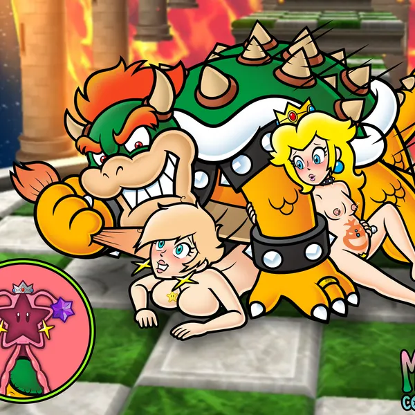 bowser, princess peach, rosalina (mario) (mario bros, nintendo) created by the moss-man