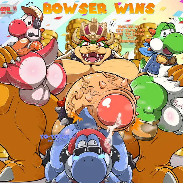 bowser, yoshi (biker), yoshi (food slinger) (mario bros, mario kart world) created by mrt0ony