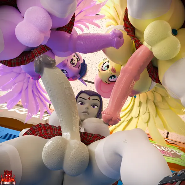 fluttershy (mlp), raven (dc), twilight sparkle (mlp) (dc comics, friendship is magic) created by forsaken (artist)