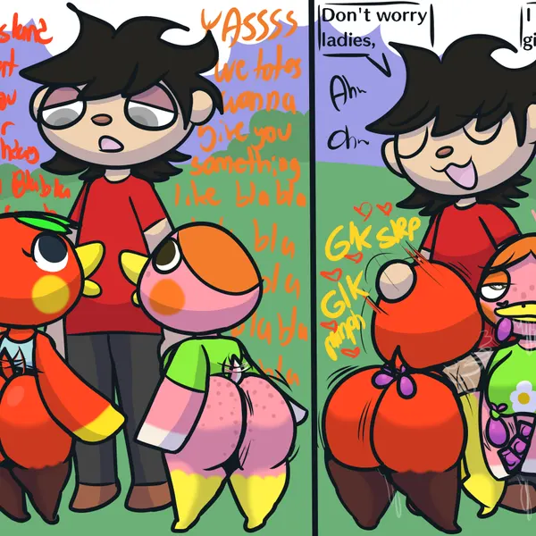 freckles (animal crossing), ketchup (animal crossing), villager (animal crossing) (animal crossing, instant loss 2koma) created by klutzatdusk