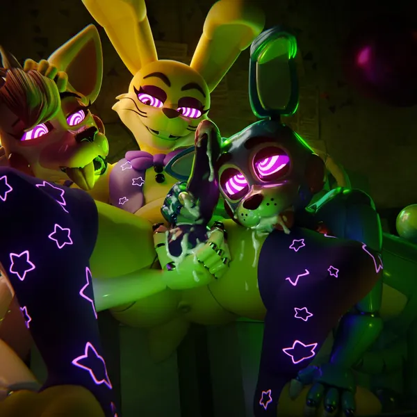 glitchtrap, mangle (fnaf), toy bonnie (fnaf) (five nights at freddy's, five nights at freddy's: help wanted) created by vincead