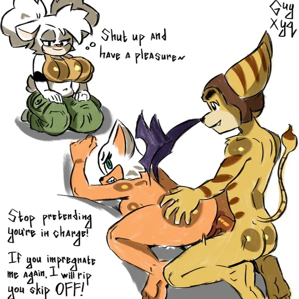 lanolin the sheep (sonic), ratchet (ratchet and clank), rouge the bat (idw publishing, ratchet and clank) created by thisguyxyq