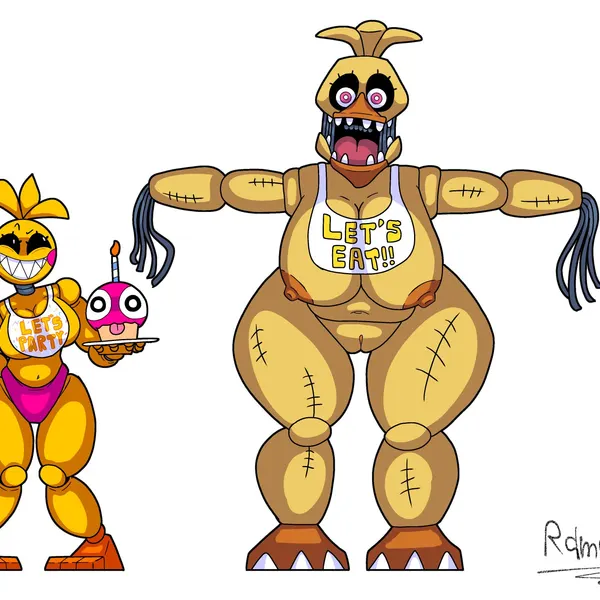 toy chica (fnaf), withered chica (fnaf) (five nights at freddy's, five nights at freddy's 2) created by ramakopa